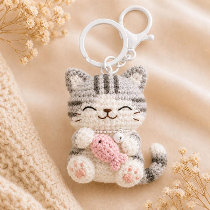 Crochet Cat Keychain – Handmade Amigurumi Cat Keyring, Cute Plush Keychain, Kawaii Bag Charm, Mini Crochet Animal Keychain