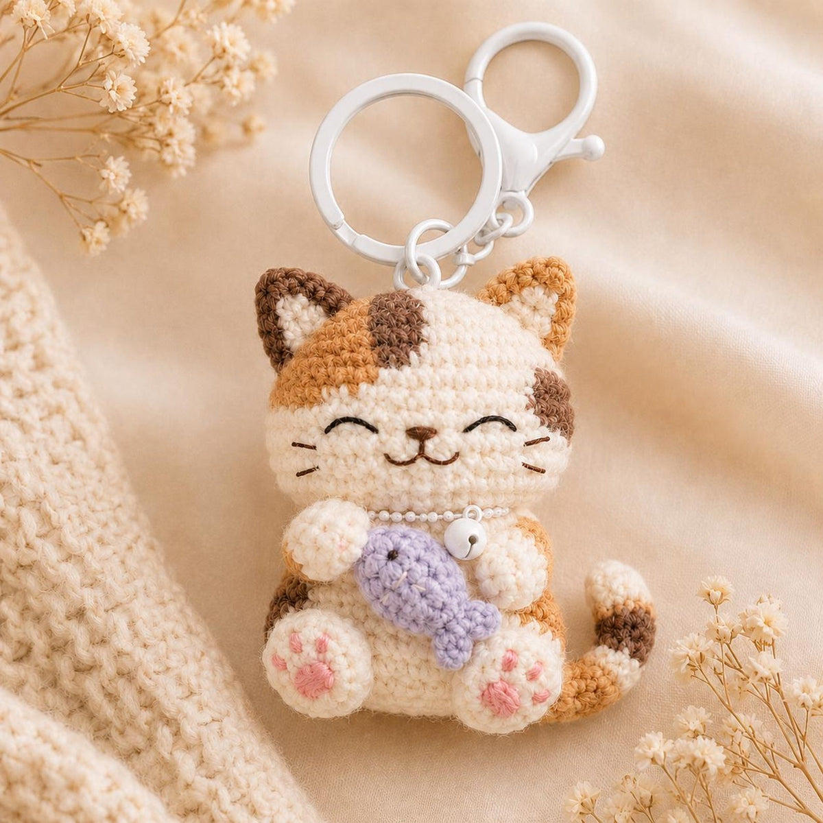 Crochet Cat Keychain – Handmade Amigurumi Cat Keyring, Cute Plush Keychain, Kawaii Bag Charm, Mini Crochet Animal Keychain