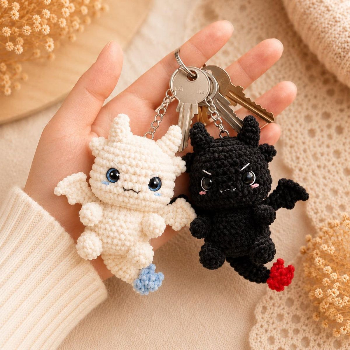 Handmade Crochet Dragon Keychain – Night Fury & Light Fury Plush, Couple keychain, Valentine Gift