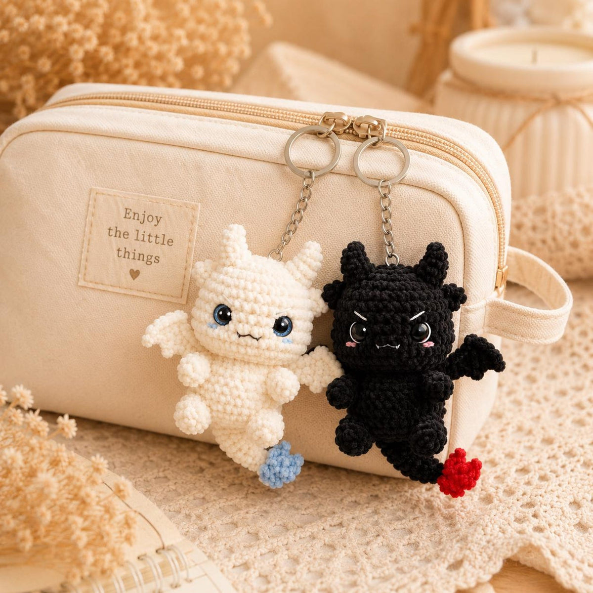 Handmade Crochet Dragon Keychain – Night Fury & Light Fury Plush, Couple keychain, Valentine Gift
