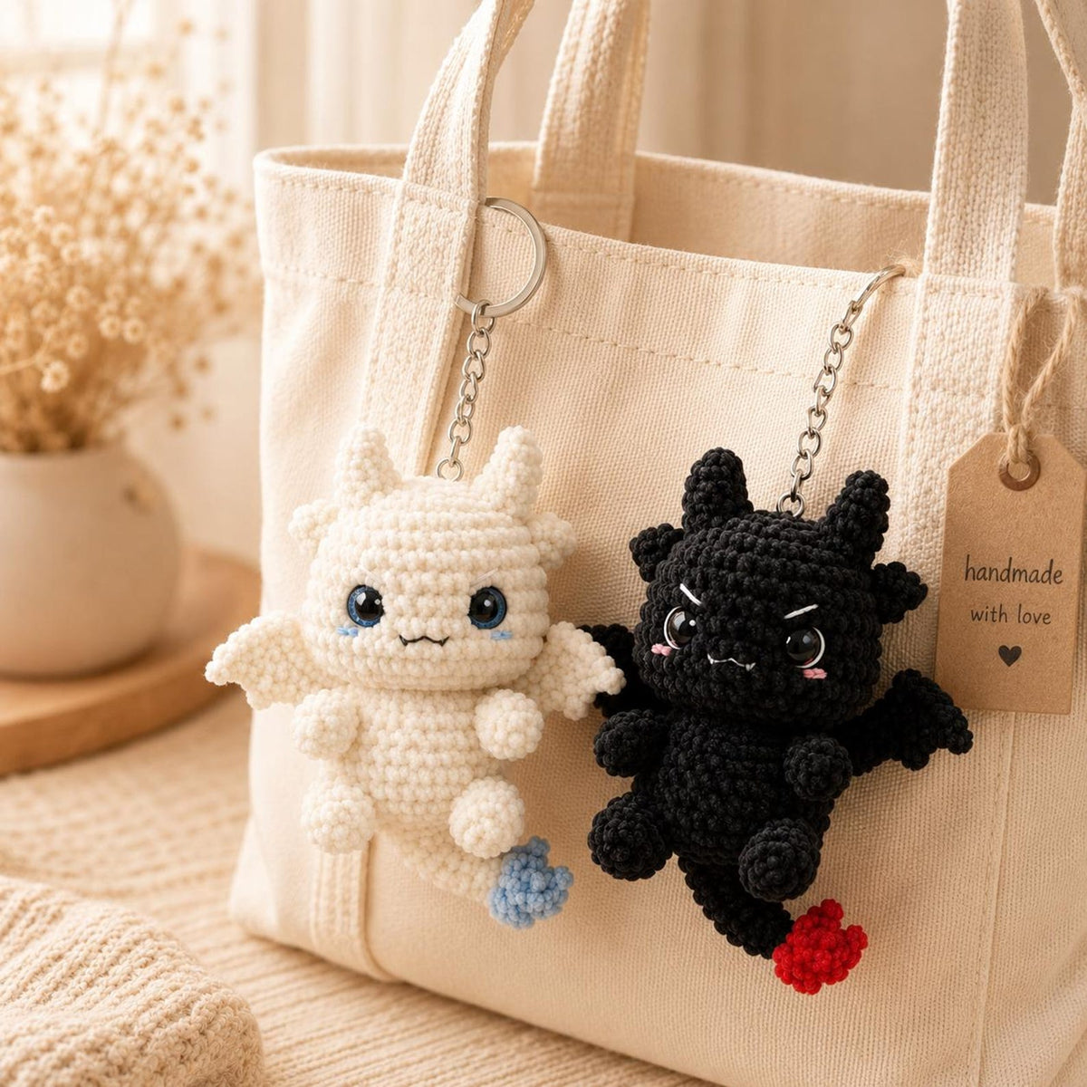 Handmade Crochet Dragon Keychain – Night Fury & Light Fury Plush, Couple keychain, Valentine Gift