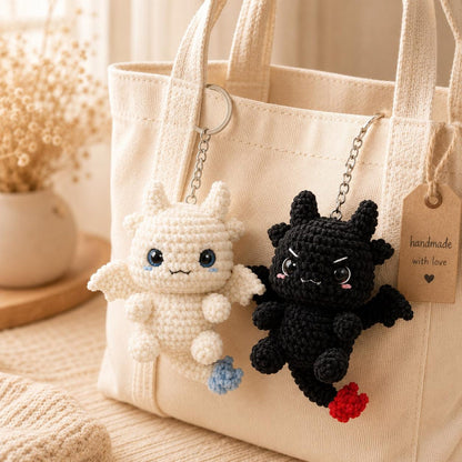 Handmade Crochet Dragon Keychain – Night Fury & Light Fury Plush, Couple keychain, Valentine Gift