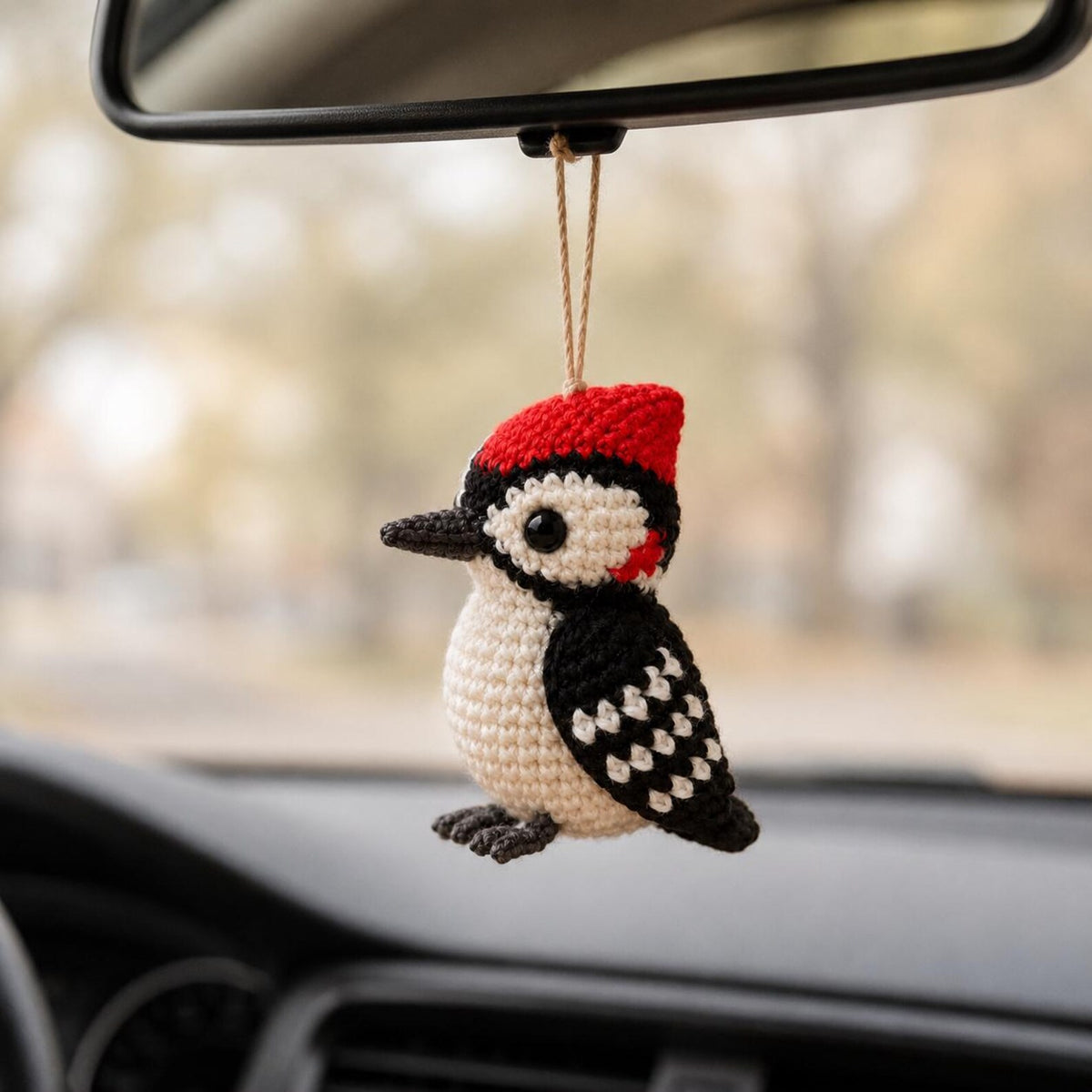 Crochet Woodpecker Keychain, Amigurumi Bird Car Charm, Rear View Mirror Hanging Accessories, Cute Plush Backpack Pendant, Bird Lover Gift