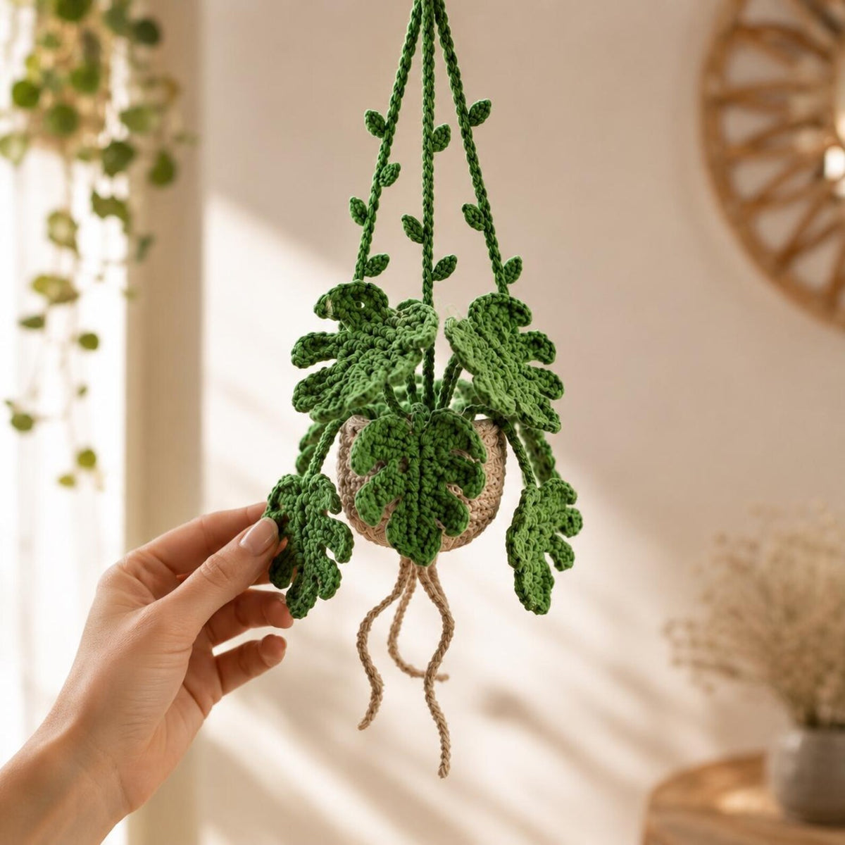 Crochet Monstera Hanging Car Plant, Amigurumi Car Charm, Rear View Mirror Accessory, Plant Lover Gift, Boho Car Decor, New Car Gift