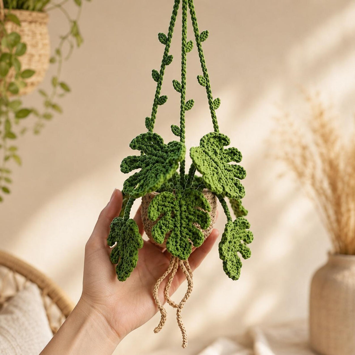 Crochet Monstera Hanging Car Plant, Amigurumi Car Charm, Rear View Mirror Accessory, Plant Lover Gift, Boho Car Decor, New Car Gift