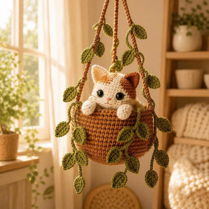 Crochet Cat Wall Hanging, Handmade Calico Cat Hanging Basket, Cute Nursery Decor, Cat Lover Gift, Housewarming Gift, Cat Lover Gift
