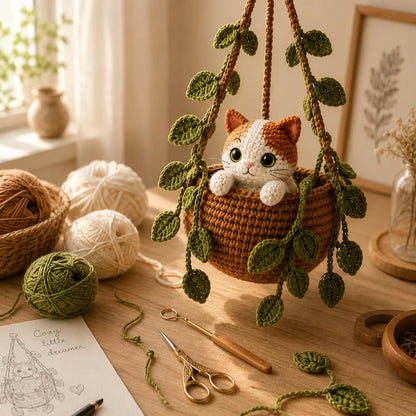 Crochet Cat Wall Hanging, Handmade Calico Cat Hanging Basket, Cute Nursery Decor, Cat Lover Gift, Housewarming Gift, Cat Lover Gift