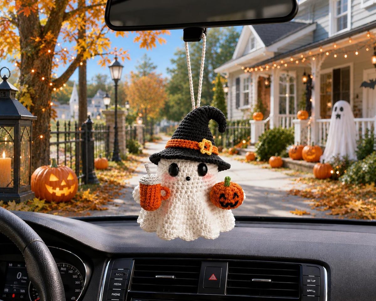 Crochet Ghost Car Charm with Eyeball,Halloween Rearview Mirror Hanging,Handmade Spooky Car Accessory,Cute Amigurumi Gift,Spooky Cute Gift