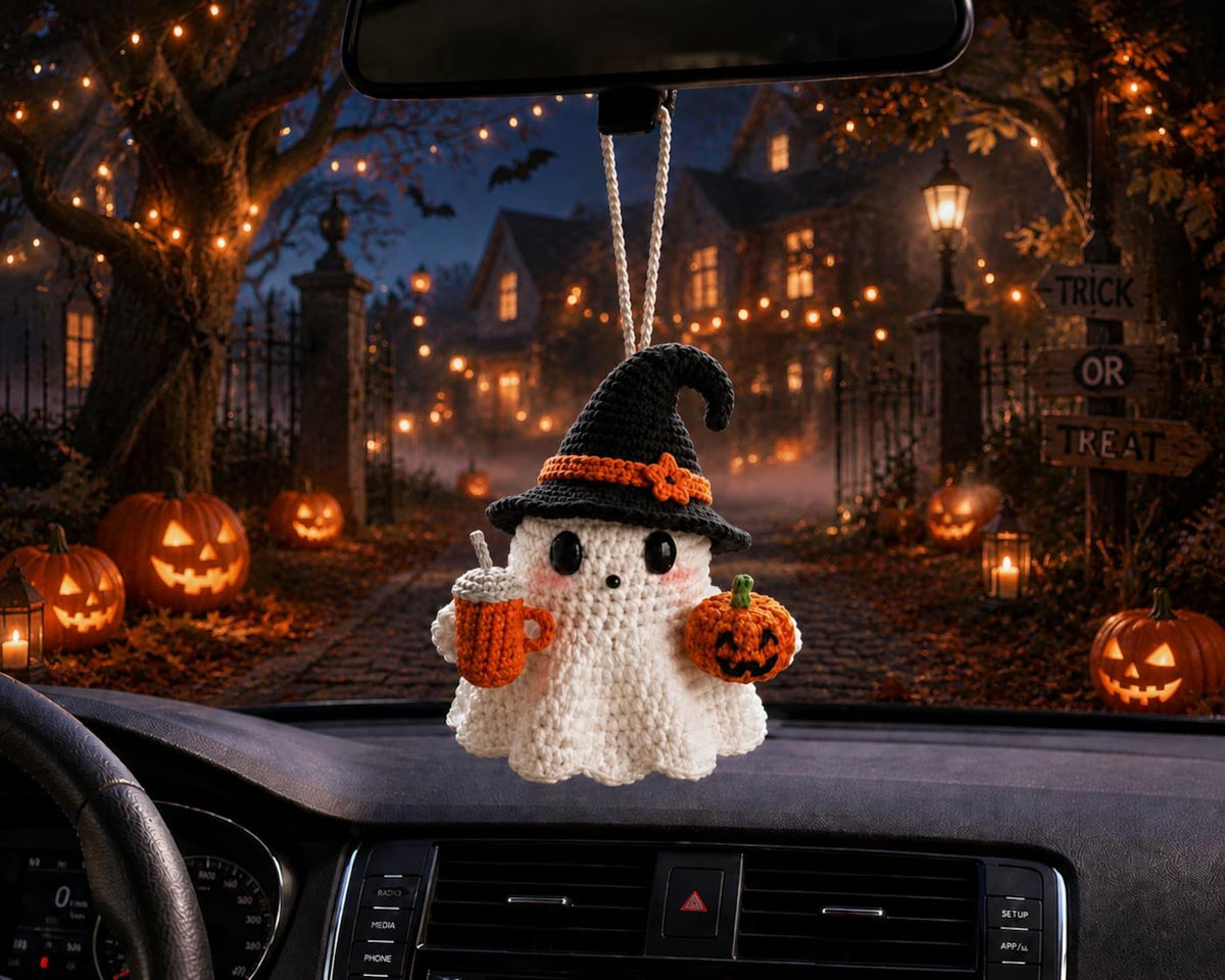 Crochet Ghost Car Charm with Eyeball,Halloween Rearview Mirror Hanging,Handmade Spooky Car Accessory,Cute Amigurumi Gift,Spooky Cute Gift