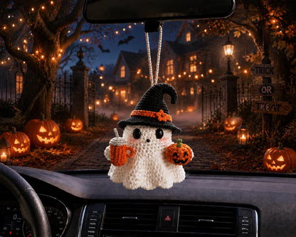 Crochet Ghost Car Charm with Eyeball,Halloween Rearview Mirror Hanging,Handmade Spooky Car Accessory,Cute Amigurumi Gift,Spooky Cute Gift