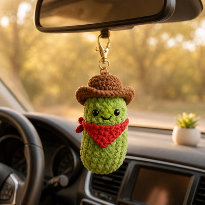 Custom Lucky Cowboy Pickle Crochet Keychain, Emotional Support Pickle Car Charm, Funny Western Bag Accessory, Personalized Amigurumi Gift