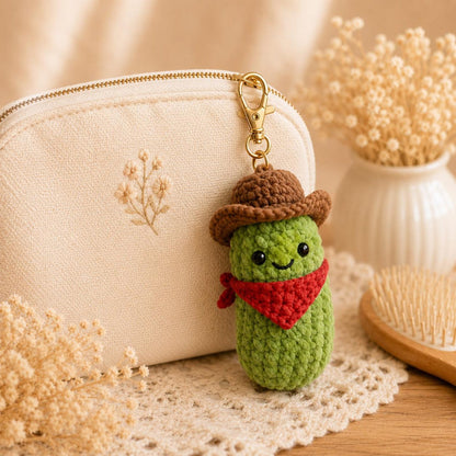 Custom Lucky Cowboy Pickle Crochet Keychain, Emotional Support Pickle Car Charm, Funny Western Bag Accessory, Personalized Amigurumi Gift