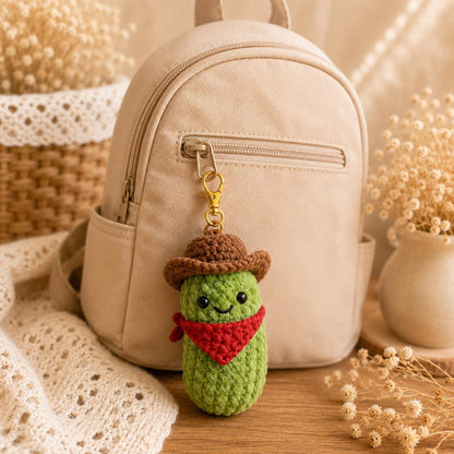 Custom Lucky Cowboy Pickle Crochet Keychain, Emotional Support Pickle Car Charm, Funny Western Bag Accessory, Personalized Amigurumi Gift