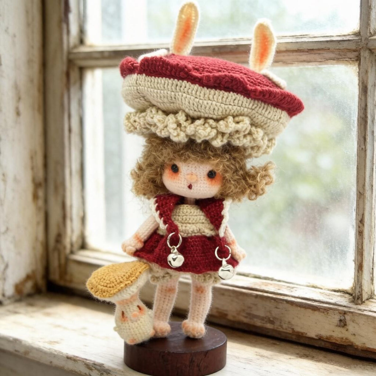 Hand Knit Mushroom Girl Figurine Tabletop Household Accents Vintage Curios Sentimental Tokens Celebration Mementos Christmas Festive Goods