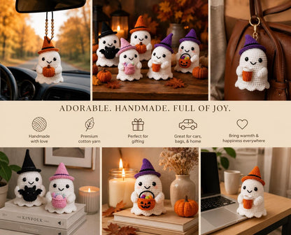 Spooky Cute Crochet Ghost, Halloween Tiered Tray Decor, Amigurumi Ghost Desk Pet, Fall Boo Basket Gift, Cute Witch Hat Autumn Decor