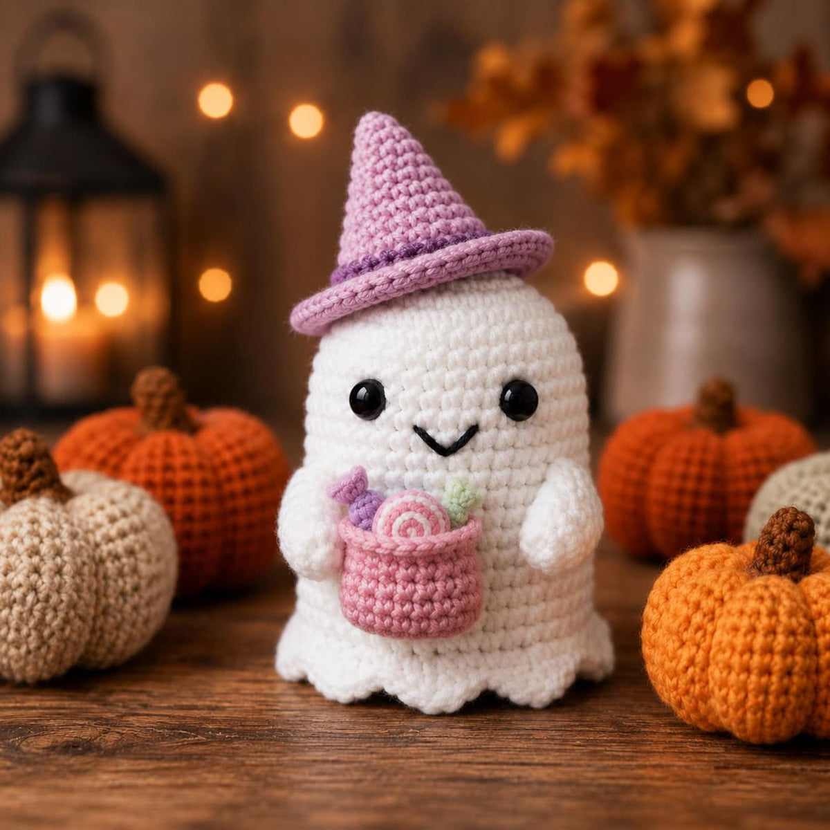 Spooky Cute Crochet Ghost, Halloween Tiered Tray Decor, Amigurumi Ghost Desk Pet, Fall Boo Basket Gift, Cute Witch Hat Autumn Decor