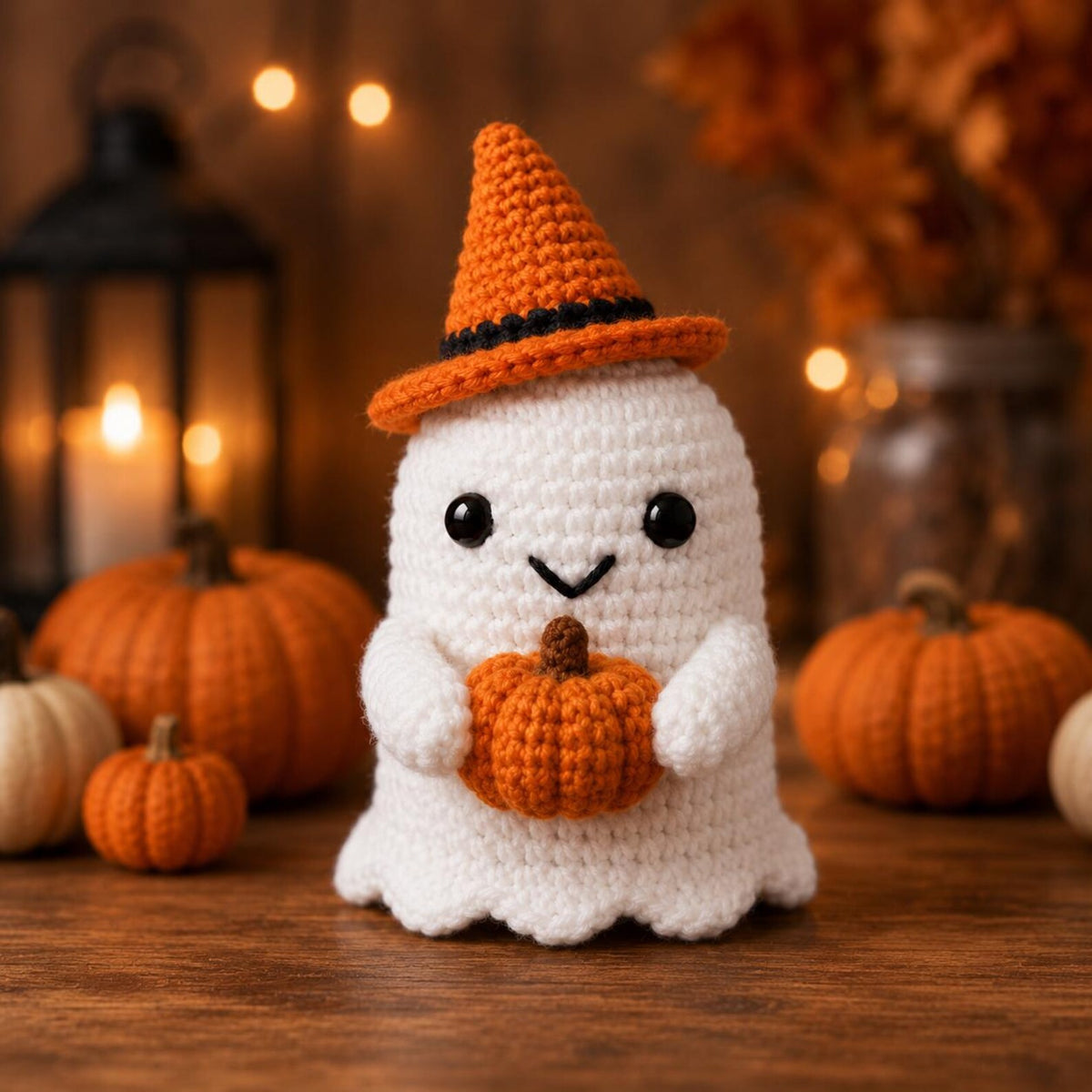 Spooky Cute Crochet Ghost, Halloween Tiered Tray Decor, Amigurumi Ghost Desk Pet, Fall Boo Basket Gift, Cute Witch Hat Autumn Decor