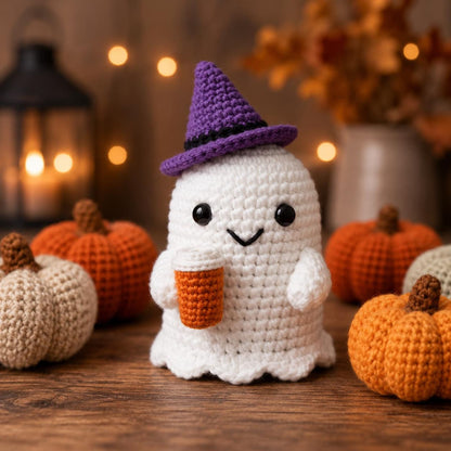 Spooky Cute Crochet Ghost, Halloween Tiered Tray Decor, Amigurumi Ghost Desk Pet, Fall Boo Basket Gift, Cute Witch Hat Autumn Decor