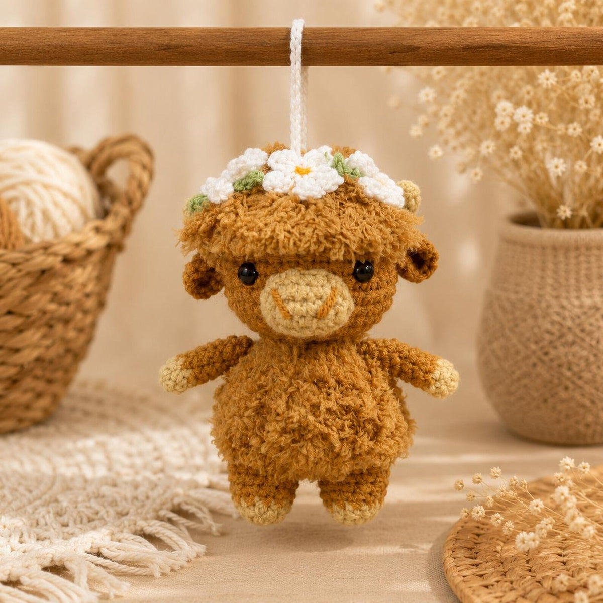 Crochet Highland Cow Car Charm, Fluffy Cow Rear View Mirror Accessory, Cute Animal Car Decor, Western Boho Auto Decor, Cow Lover Gift