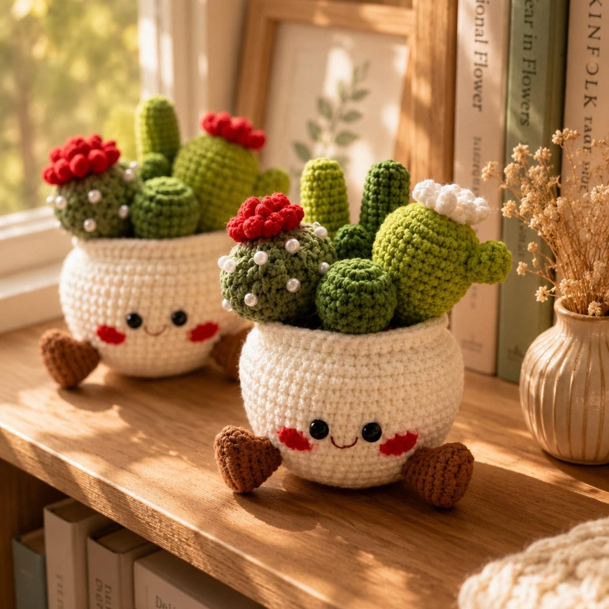 Crochet Flower Pot Set, Sunflower Mushroom Cactus Planter, Handmade Amigurumi Plant Decor, Cute Desk Decor, Positive Gift, Christmas Gift