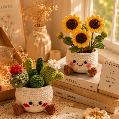 Crochet Flower Pot Set, Sunflower Mushroom Cactus Planter, Handmade Amigurumi Plant Decor, Cute Desk Decor, Positive Gift, Christmas Gift