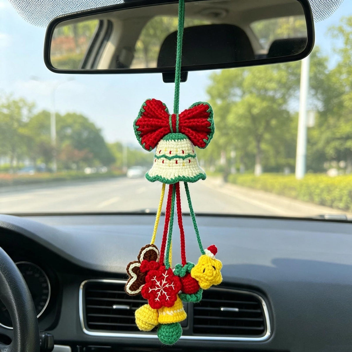 Hand-Crocheted Xmas Auto Hanging, Festive Rearview Mirror Ornament, Winter Vehicle Interior Accent, Themed Holiday Present for Motorists
