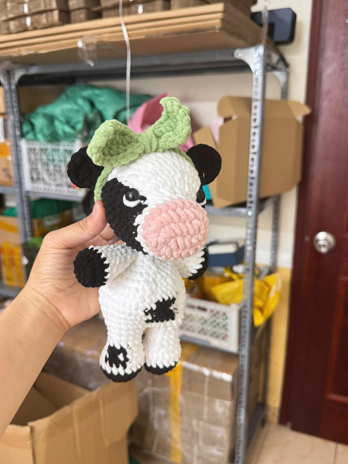 Crochet Cow Plush, Floppy Amigurumi Cow Lovey, Unstuffed Body Farm Animal Toy, Custom Bow Cow Doll, Nursery Decor, Cute Cow Lover Gift