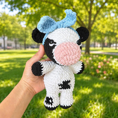 Crochet Cow Plush, Floppy Amigurumi Cow Lovey, Unstuffed Body Farm Animal Toy, Custom Bow Cow Doll, Nursery Decor, Cute Cow Lover Gift