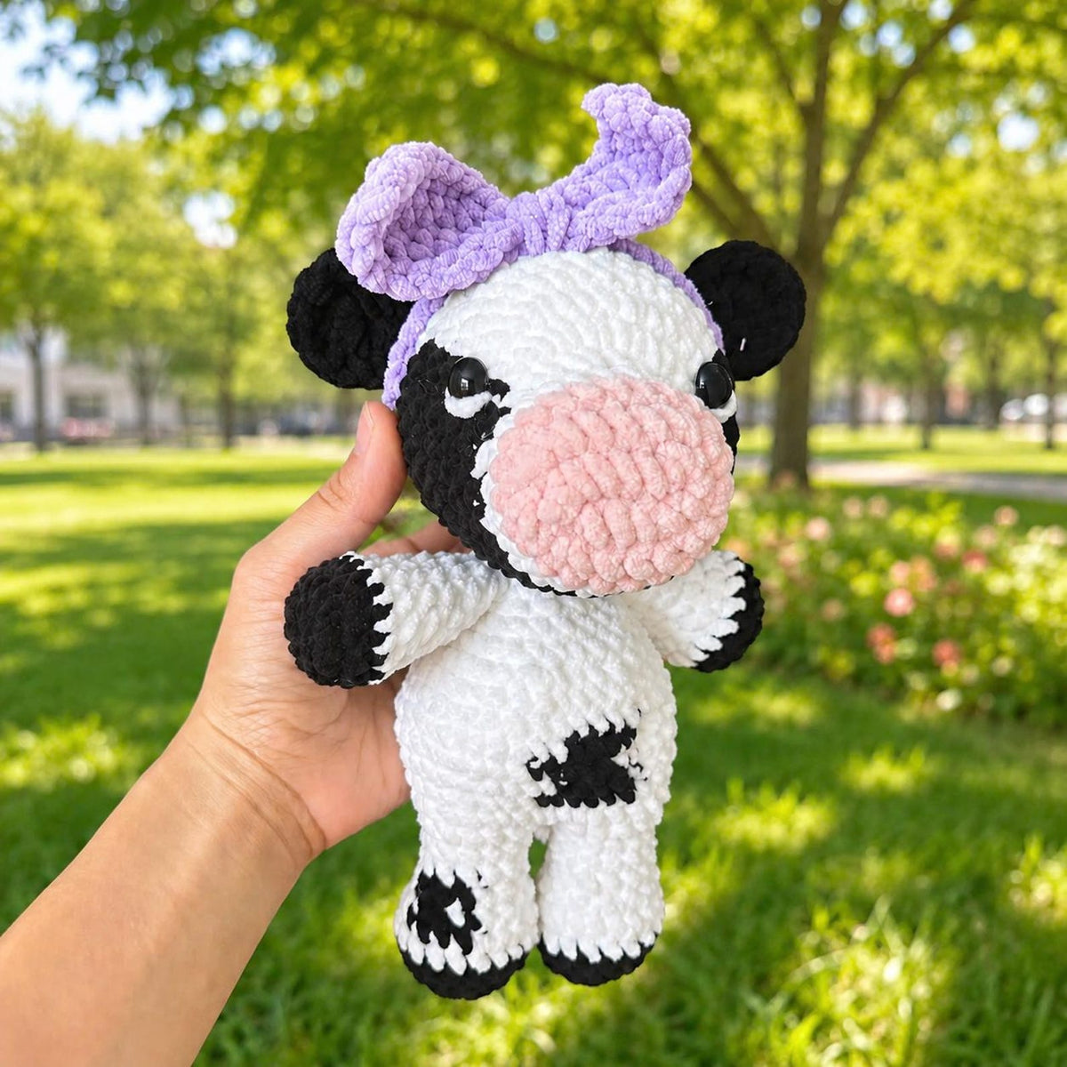 Crochet Cow Plush, Floppy Amigurumi Cow Lovey, Unstuffed Body Farm Animal Toy, Custom Bow Cow Doll, Nursery Decor, Cute Cow Lover Gift