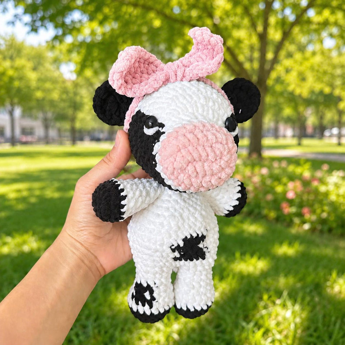 Crochet Cow Plush, Floppy Amigurumi Cow Lovey, Unstuffed Body Farm Animal Toy, Custom Bow Cow Doll, Nursery Decor, Cute Cow Lover Gift