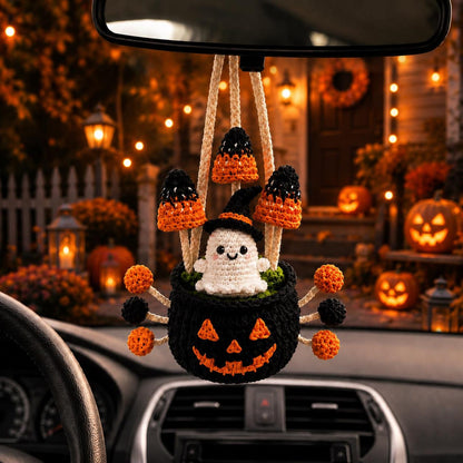 Halloween Crochet Car Mirror Hanger, Ghost Pumpkin Rearview Mirror Charm, Handmade Halloween Car Decor, Cute Crochet Ghost Ornament