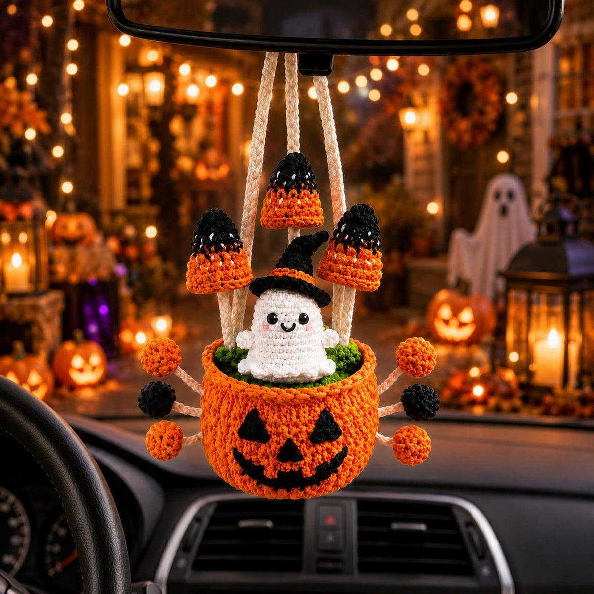 Halloween Crochet Car Mirror Hanger, Ghost Pumpkin Rearview Mirror Charm, Handmade Halloween Car Decor, Cute Crochet Ghost Ornament