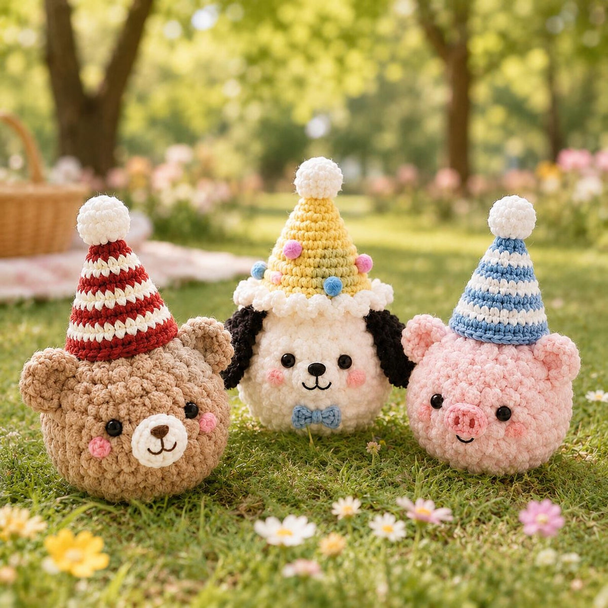 Crochet Birthday Animals, Amigurumi Party Bear Dog Pig with Hats, Kawaii Birthday Gift for Kids,Tiny Stuffed Animal, Party Favor,Cake Topper