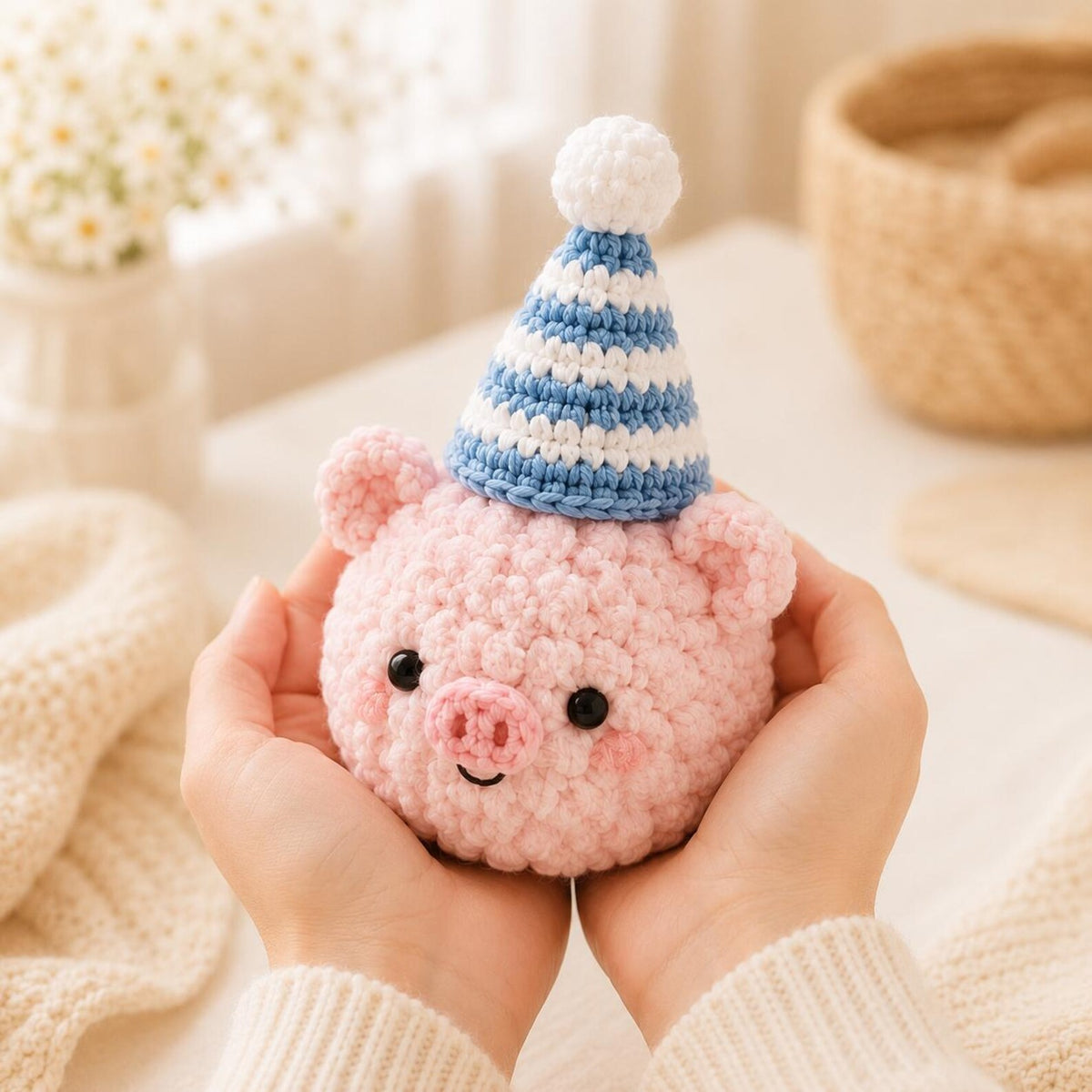 Crochet Birthday Animals, Amigurumi Party Bear Dog Pig with Hats, Kawaii Birthday Gift for Kids,Tiny Stuffed Animal, Party Favor,Cake Topper