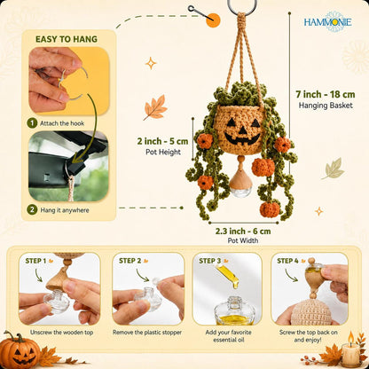 Halloween Crochet Car Hanging Plant, Pumpkin Rear View Mirror Charm, Essential Oil Diffuser Hanging, Plant Lover Gift