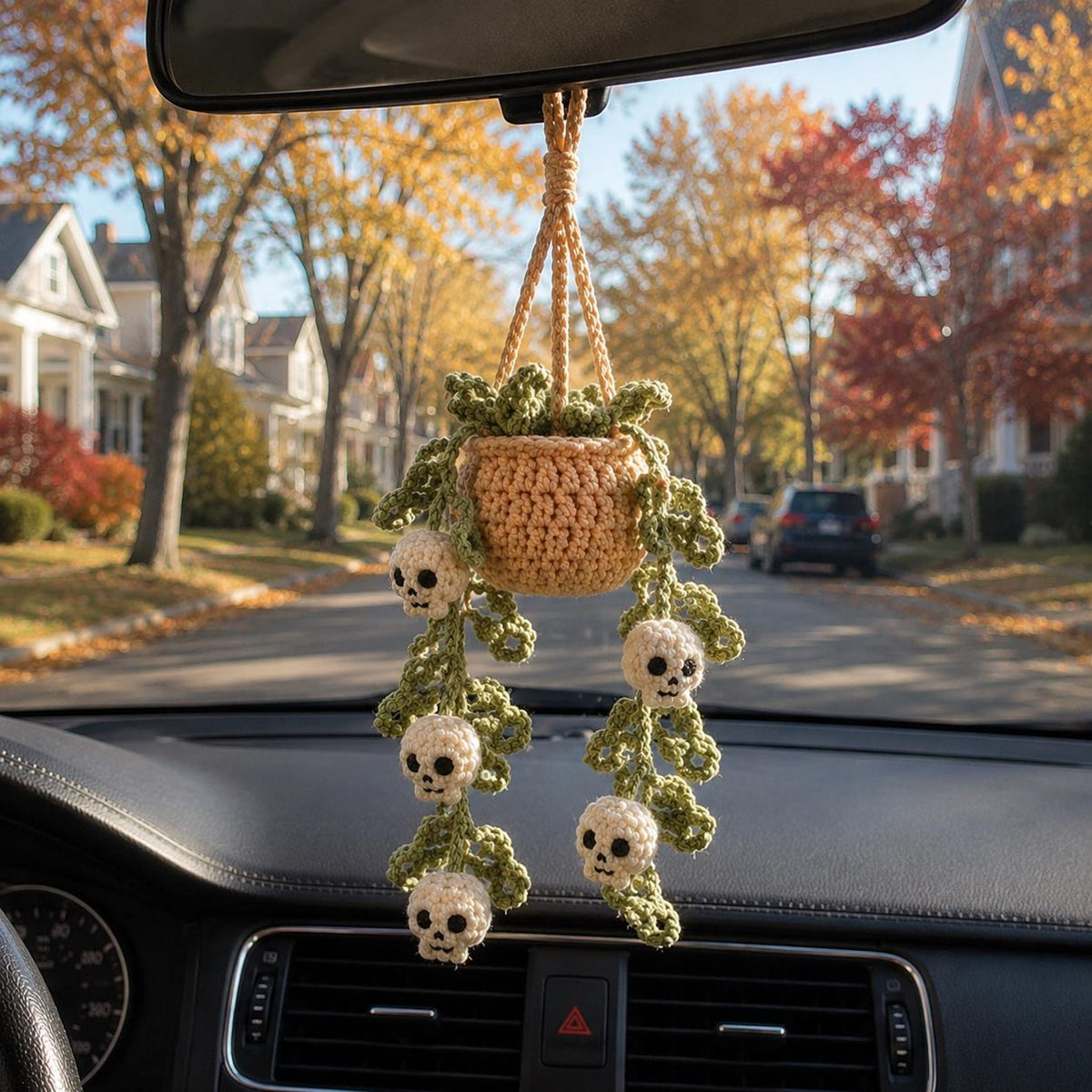 Halloween Crochet Car Hanging Plant, Skull Car Charm Hanging, Spooky Car Decor, Handmade Plant Car Accessories Gift