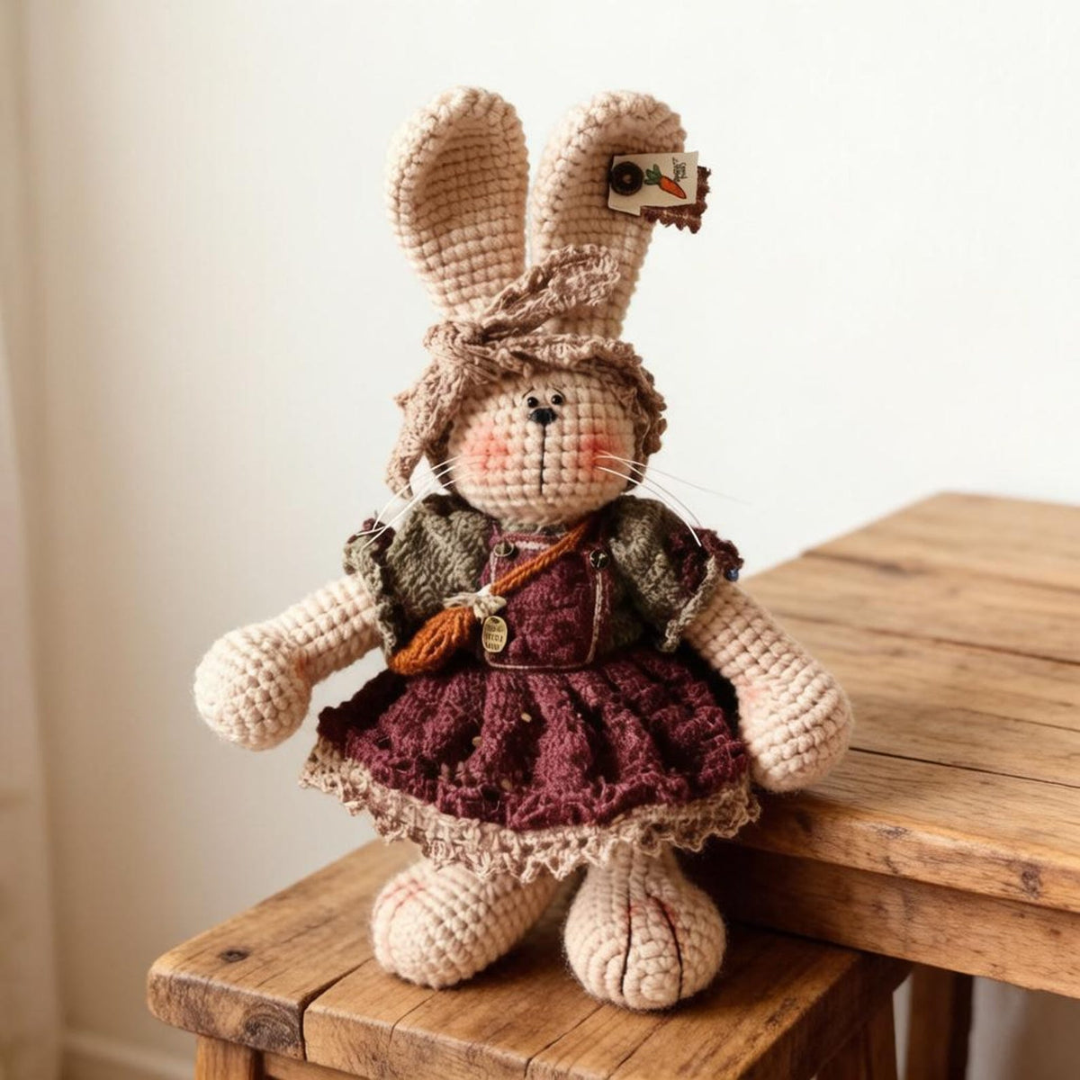 Hand Knit Bunny Figurine New Baby Present Indoor Table Ornament Celebration Memento One-of-a-Kind Collectible Christmas Holiday Trinket