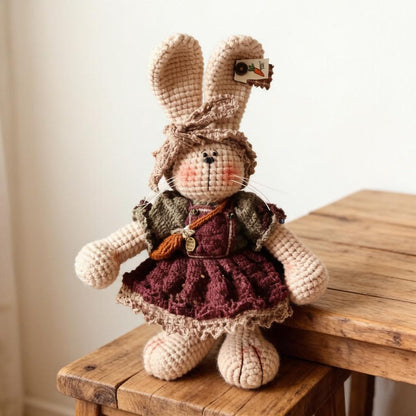 Hand Knit Bunny Figurine New Baby Present Indoor Table Ornament Celebration Memento One-of-a-Kind Collectible Christmas Holiday Trinket