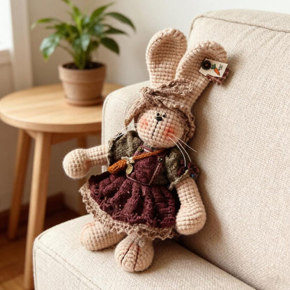 Hand Knit Bunny Figurine New Baby Present Indoor Table Ornament Celebration Memento One-of-a-Kind Collectible Christmas Holiday Trinket