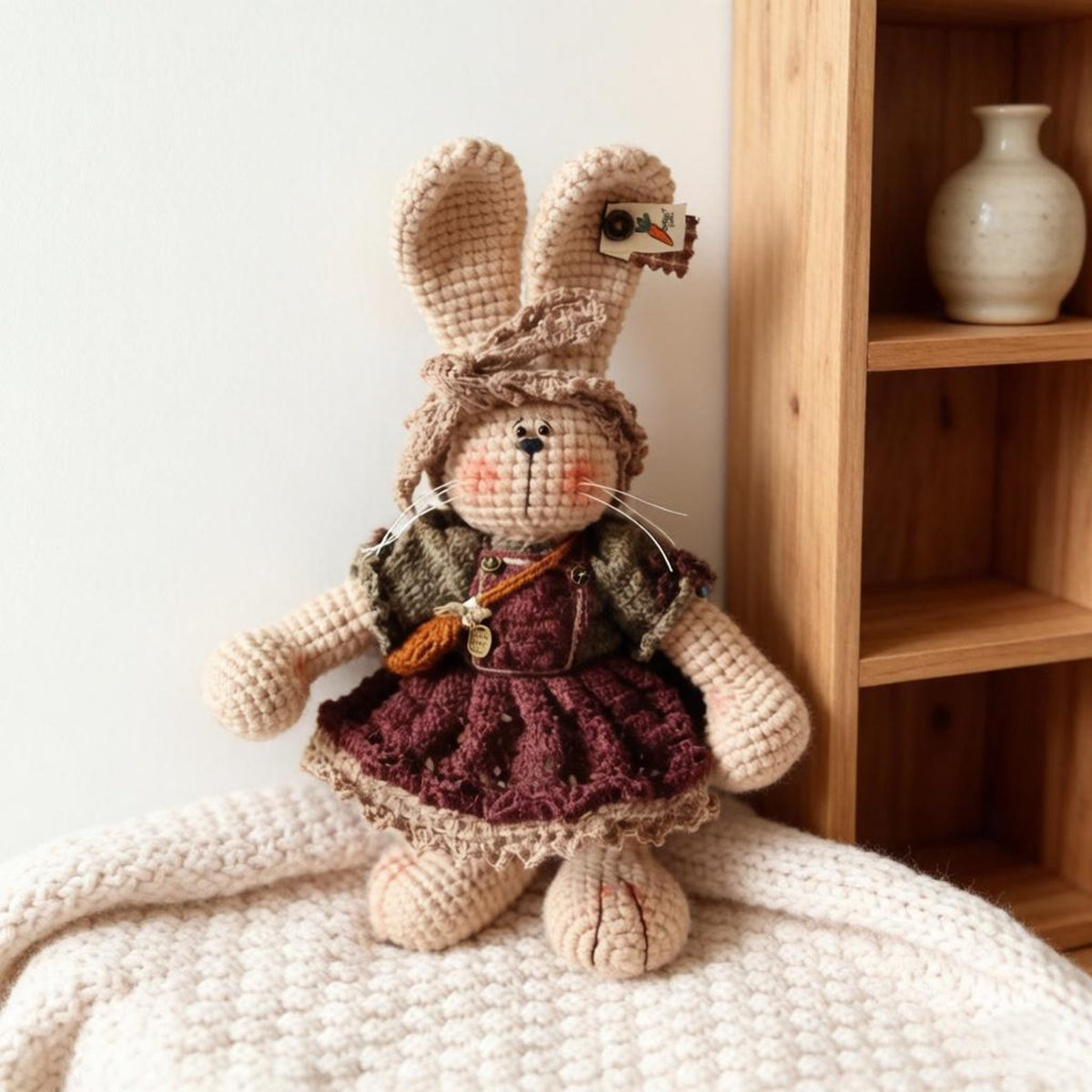 Hand Knit Bunny Figurine New Baby Present Indoor Table Ornament Celebration Memento One-of-a-Kind Collectible Christmas Holiday Trinket