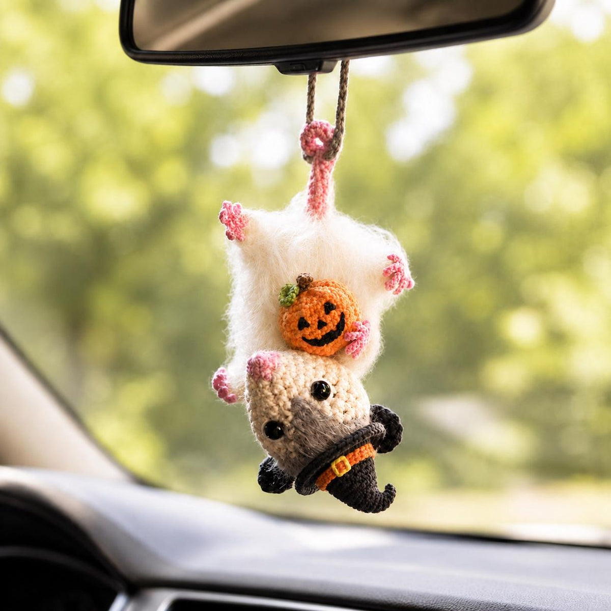 Halloween Possum Rearview Mirror Accessory, Crochet Opossum Car Charm, Spooky Bat Car Ornament, Funny Car Decoration, Goth Gift Idea