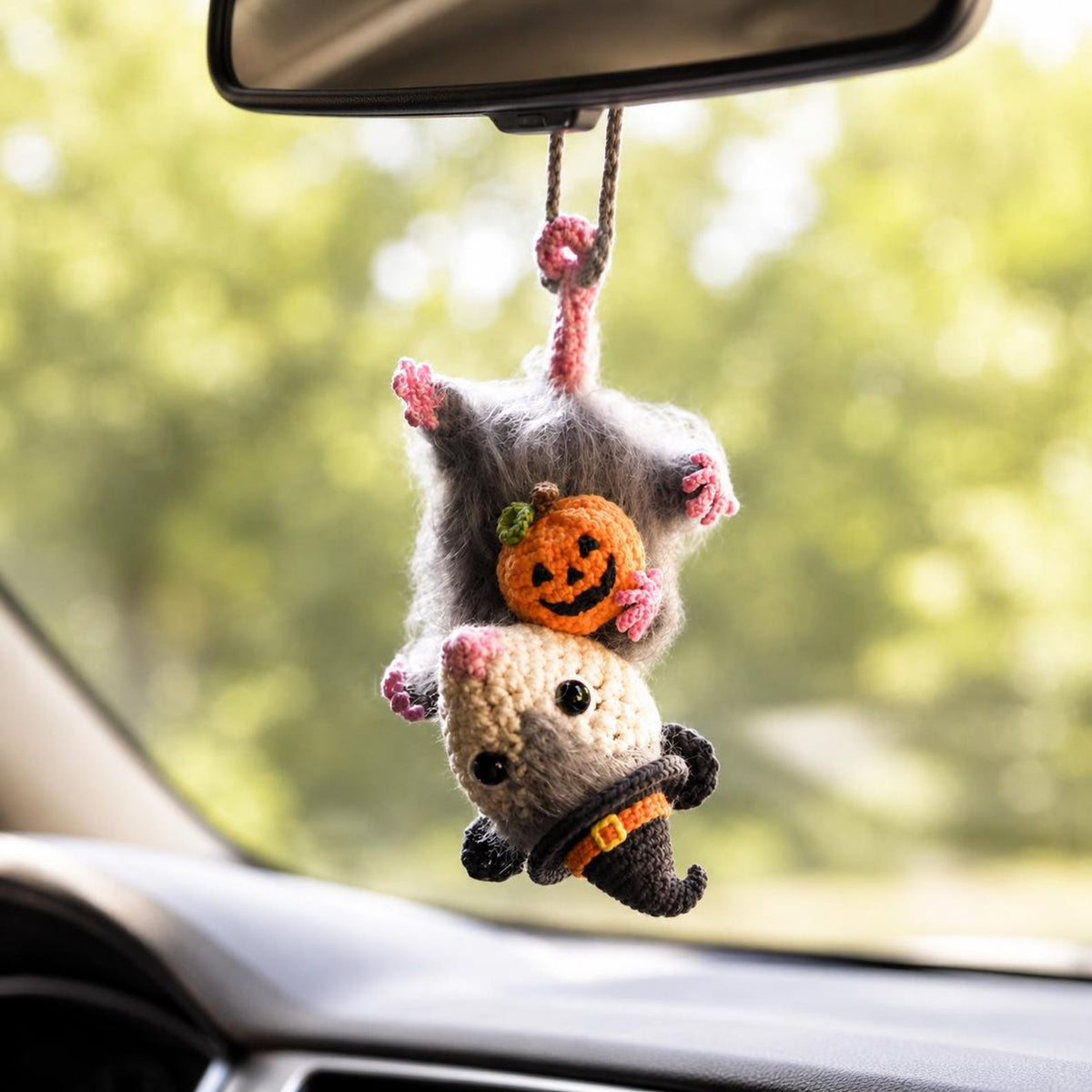 Halloween Possum Rearview Mirror Accessory, Crochet Opossum Car Charm, Spooky Bat Car Ornament, Funny Car Decoration, Goth Gift Idea
