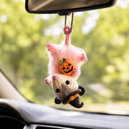 Halloween Possum Rearview Mirror Accessory, Crochet Opossum Car Charm, Spooky Bat Car Ornament, Funny Car Decoration, Goth Gift Idea