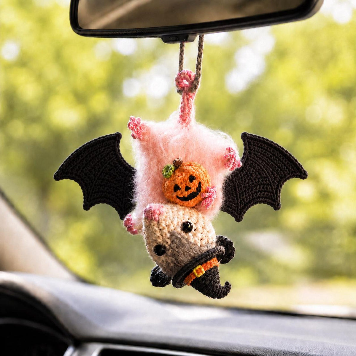 Halloween Possum Rearview Mirror Accessory, Crochet Opossum Car Charm, Spooky Bat Car Ornament, Funny Car Decoration, Goth Gift Idea