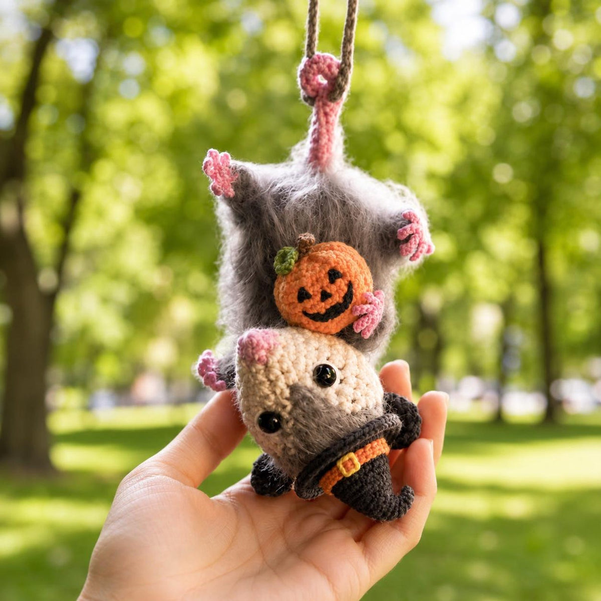Halloween Possum Rearview Mirror Accessory, Crochet Opossum Car Charm, Spooky Bat Car Ornament, Funny Car Decoration, Goth Gift Idea