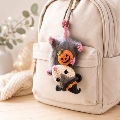 Halloween Possum Rearview Mirror Accessory, Crochet Opossum Car Charm, Spooky Bat Car Ornament, Funny Car Decoration, Goth Gift Idea