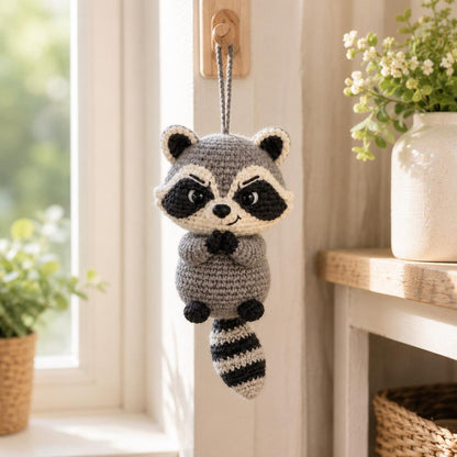 Crochet Raccoon Car Charm, Cute Trash Panda Rearview Mirror Accessory, Funny Animal Car Ornament, New Driver Gift, Backpack Hanging Decor