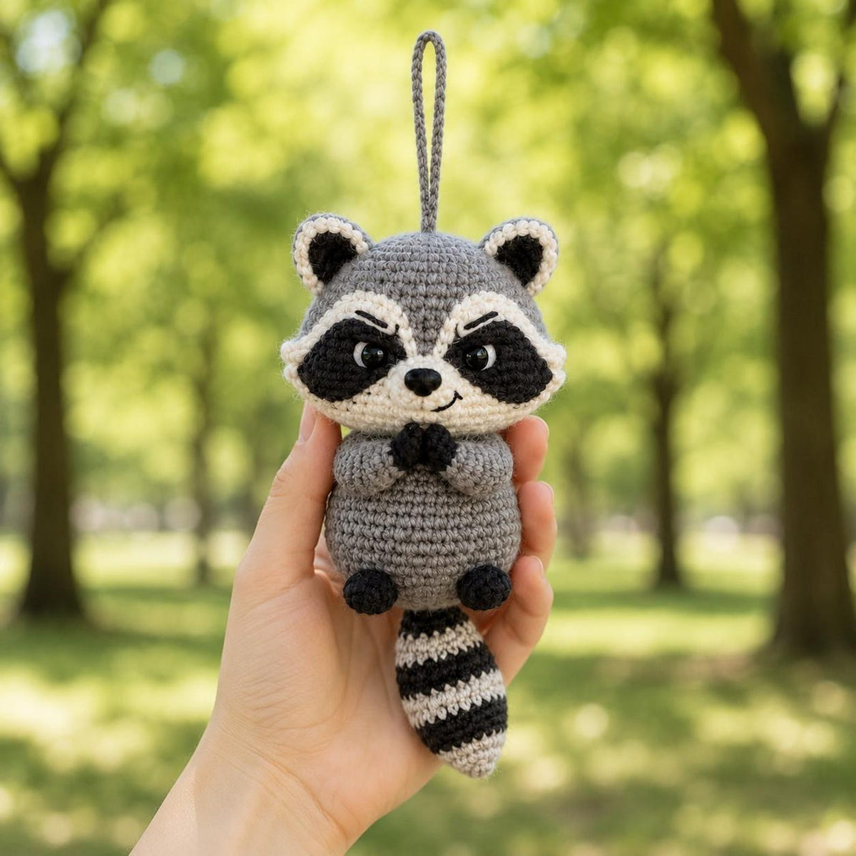 Crochet Raccoon Car Charm, Cute Trash Panda Rearview Mirror Accessory, Funny Animal Car Ornament, New Driver Gift, Backpack Hanging Decor