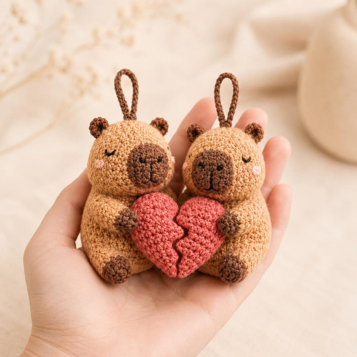 Crochet Capybara Couples Plush, Amigurumi Chillest Animal Stuffed Toy, Valentines Gift, Anniversary Love Heart Gift, Boho Room Decor