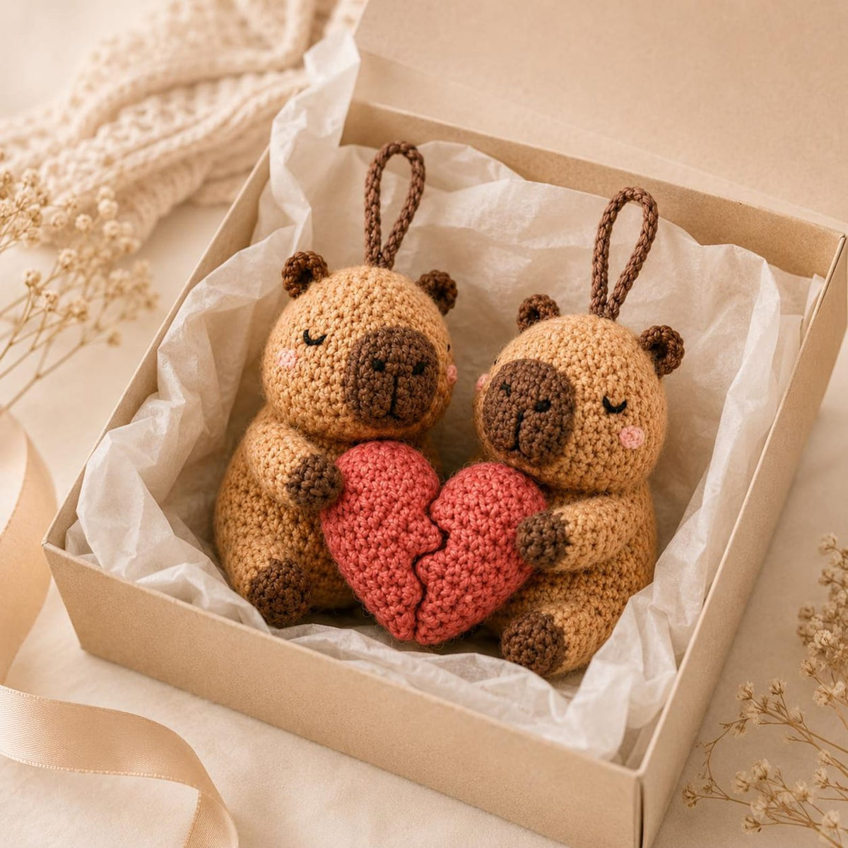 Crochet Capybara Couples Plush, Amigurumi Chillest Animal Stuffed Toy, Valentines Gift, Anniversary Love Heart Gift, Boho Room Decor